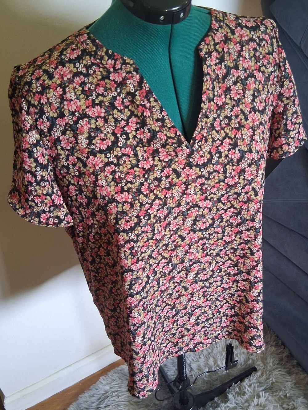 Maurices Black Floral V-Neck Top with Pink and Cream Flowers